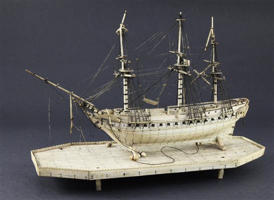 A Napoleonic prisoner-of-war bone model of a French/English frigate